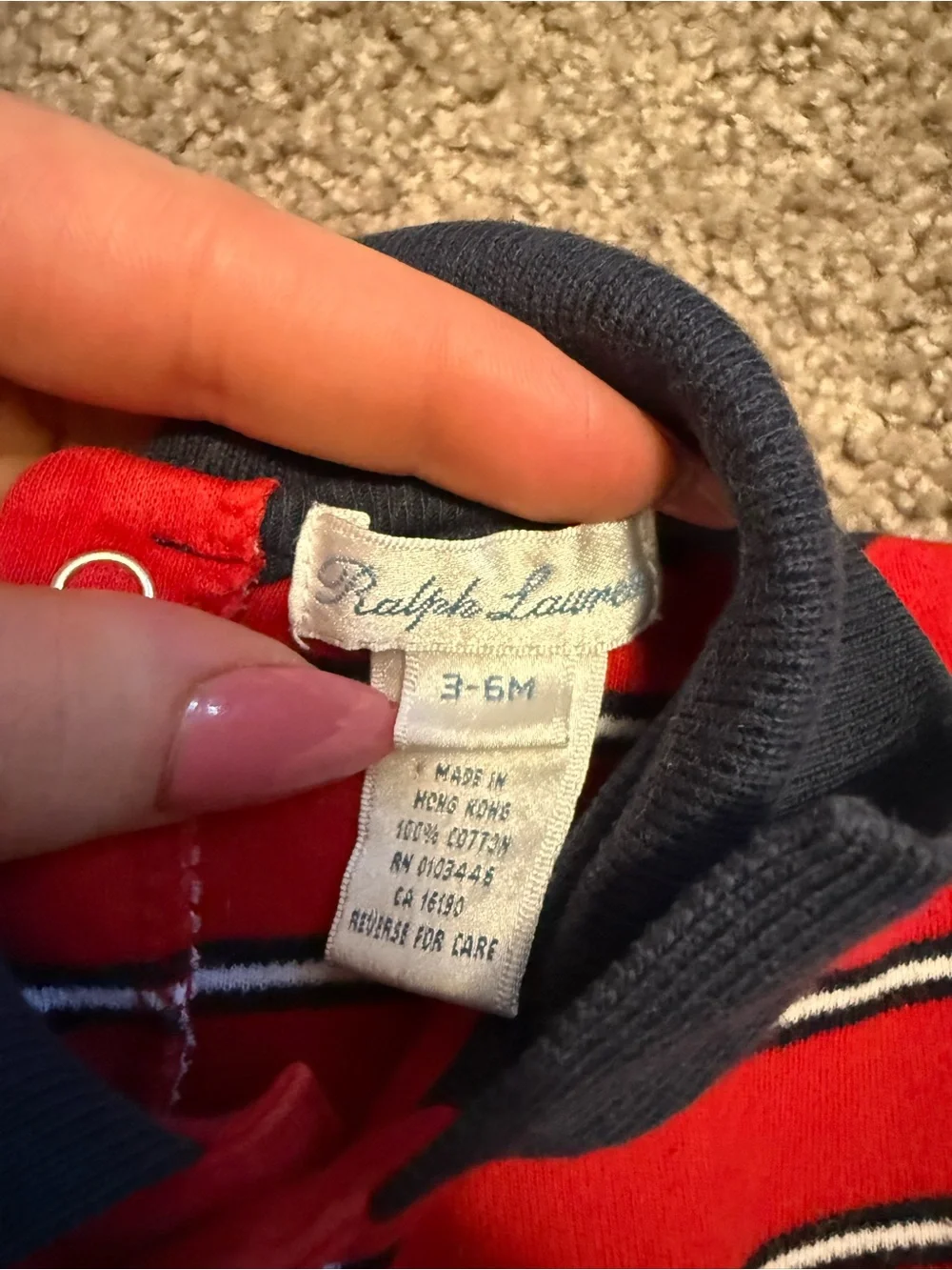 Ralph Lauren red, white, and navy blue horizontal striped cotton baby onesie ⬇️